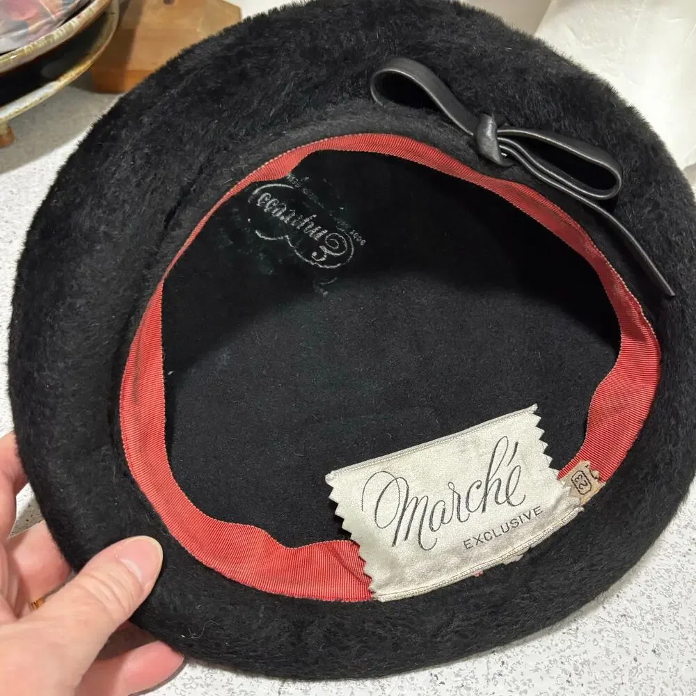 Vintage Mid Century Marche Exclusive beret cap hat black fuzzy warm size 23